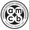 A black and white logo for the american midwifery certification board.