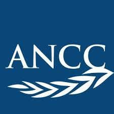 A blue background with white letters that say ancc.